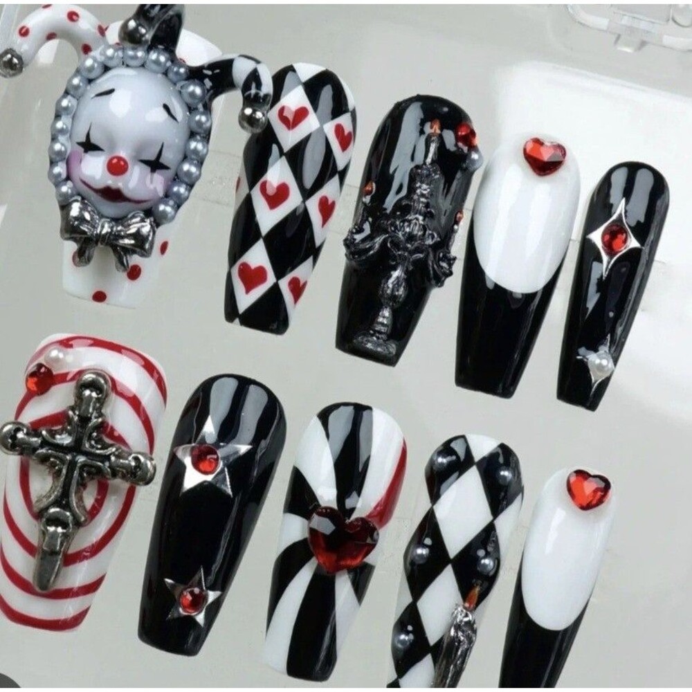 Size Large 10 pc. Harlequin Haunt 3D Press on nails red black white